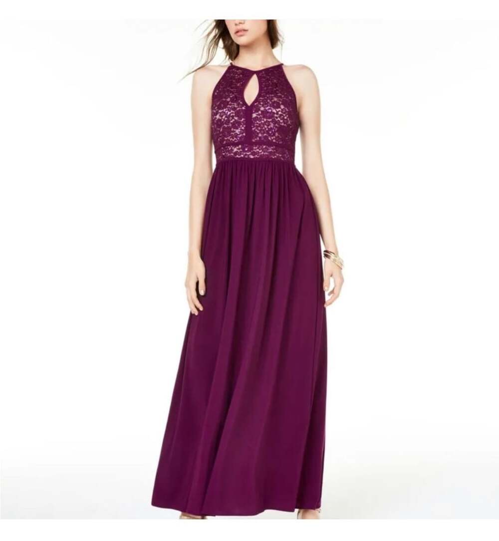 Nightway Gown Size 8P Burgundy Sequin Lace Halter Maxi Dress